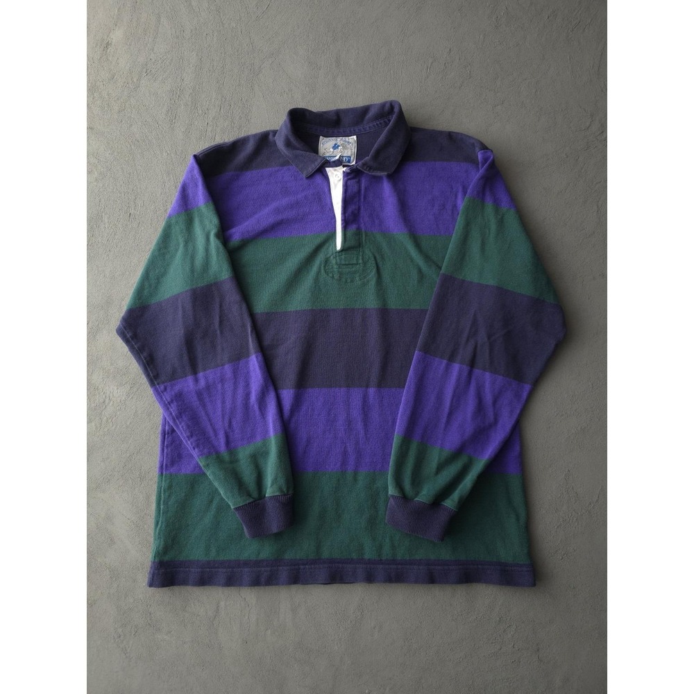 Vintage 90s Lands' End Striped Color Block Cotton Heavyweight Rugby Shirt L